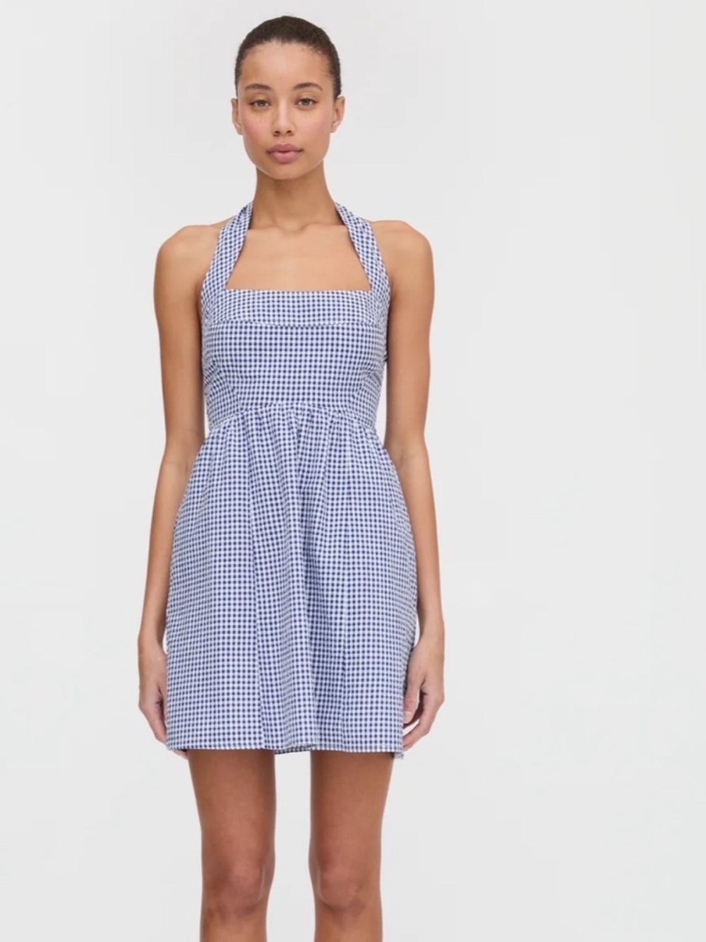 HILL HOUSE The Fleur Mini Dress Womens Medium Navy Gingham Check Tie Neck Halter